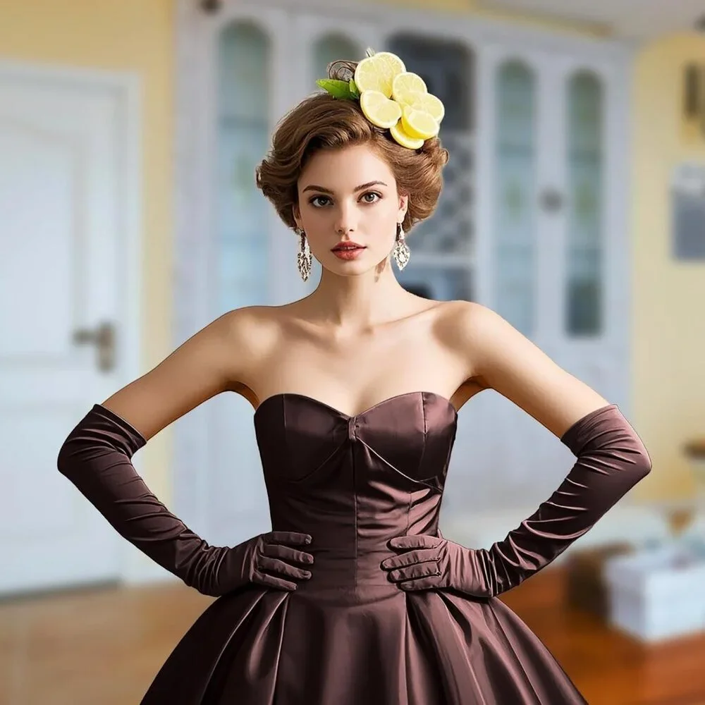 Women's Brown Long Satin Opera Fabric Gloves Party Tea Stretchy Elbow Length